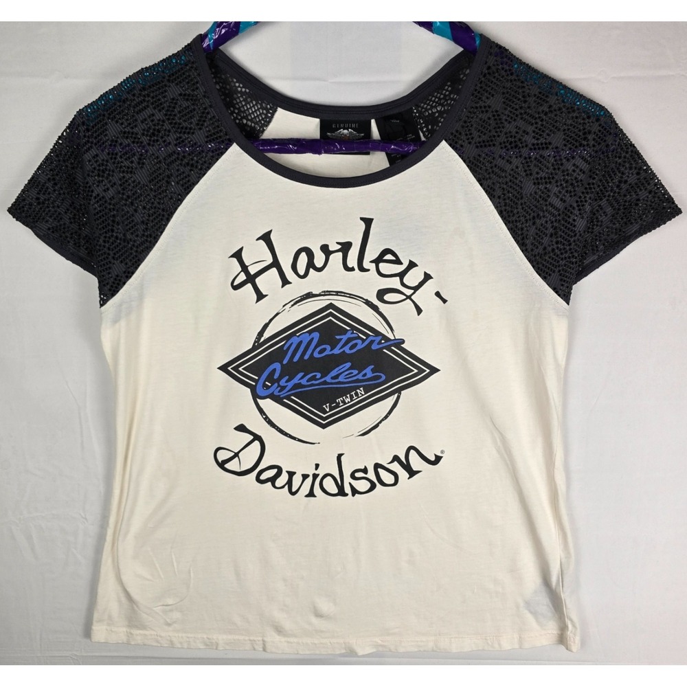 Harley‎ Davidson Women's Graphic Tee Dark Gray Lace Sleeves Size XL – NWT-STAIN